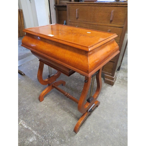 789 - A mahogany burr wood inlaid work table with lyre shaped legs - W 66 cm