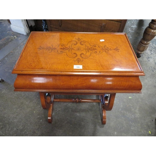 789 - A mahogany burr wood inlaid work table with lyre shaped legs - W 66 cm