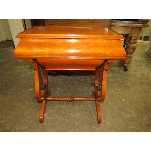 789 - A mahogany burr wood inlaid work table with lyre shaped legs - W 66 cm