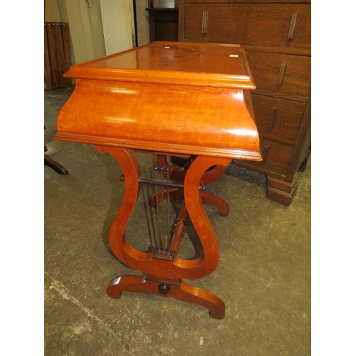 789 - A mahogany burr wood inlaid work table with lyre shaped legs - W 66 cm