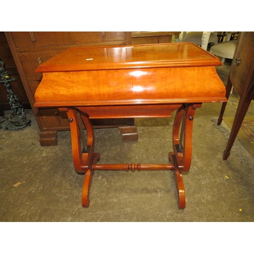 789 - A mahogany burr wood inlaid work table with lyre shaped legs - W 66 cm