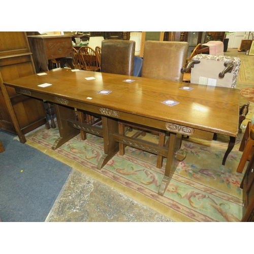 791 - A long oak carved refectory table - L 198 cm, together with four chairs