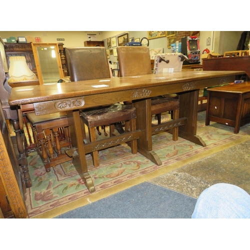 791 - A long oak carved refectory table - L 198 cm, together with four chairs