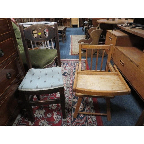 798 - A childs wooden high chair together with a childs oak chair (2)