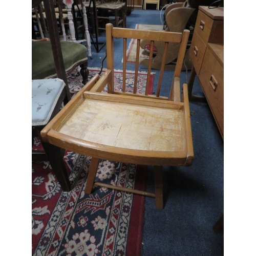 798 - A childs wooden high chair together with a childs oak chair (2)