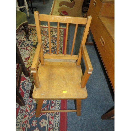 798 - A childs wooden high chair together with a childs oak chair (2)