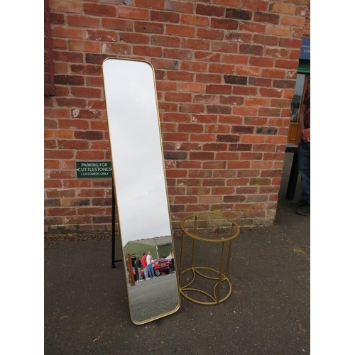 804 - A modern gilt framed full length free standing mirror together with a gilt metal / glass topped circ... 