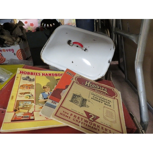 72 - An enamel bread bin, lockable enamelled metal box, brass beer taps etc