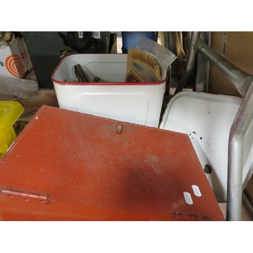 72 - An enamel bread bin, lockable enamelled metal box, brass beer taps etc