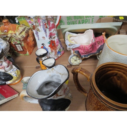 50 - Three trays of assorted ceramics etc to include a 1887 octangular jubilee plate, Japanese teapot, an... 