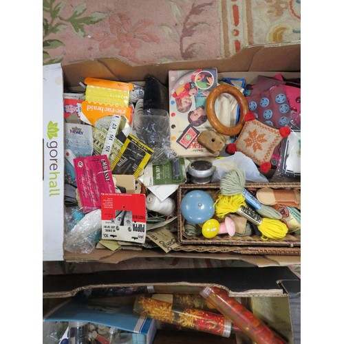 75 - A large collection of textile and embroidery items to include vintage buttons, hatpins etc