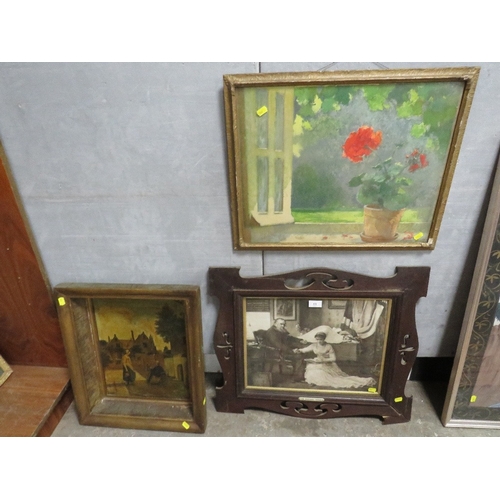 11 - An Art Nouveau oak picture frame together with a still life floral painting, and Dutch style naïve p... 