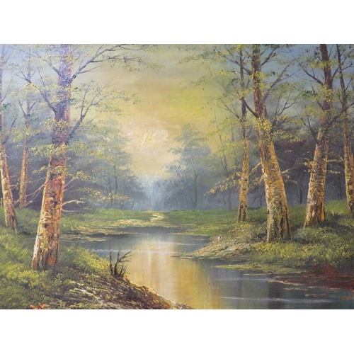 19 - A large retro style oil on canvas depict a woodland pond