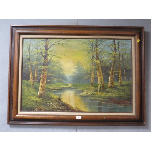 19 - A large retro style oil on canvas depict a woodland pond