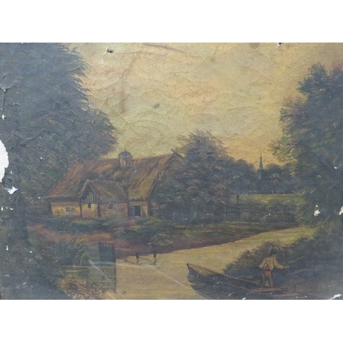 20 - A 19th century oil on canvas depicting a man boating A/F