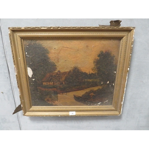 20 - A 19th century oil on canvas depicting a man boating A/F