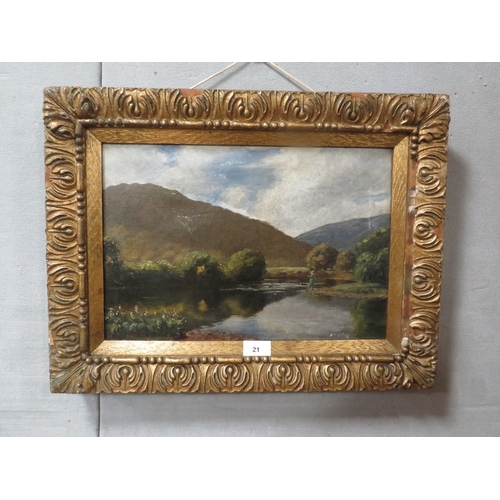 21 - A 19th century oil on canvas depicting a man fishing in a nicely carved gilt frame 26.5 x 39.5 cm