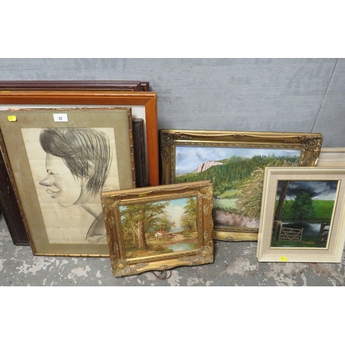 22 - A collection of assorted pictures and prints to include oil on boards, caricature etc.