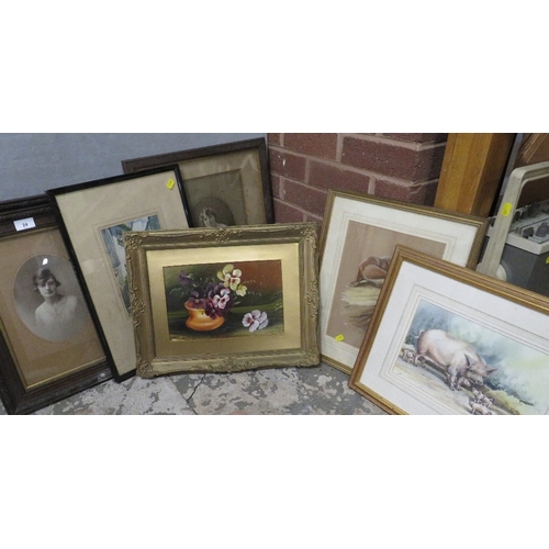 24 - A collection of assorted pictures and prints to include oak framed photographs, portraits etc….