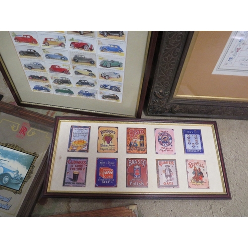 28 - A collection of assorted pictures and prints to include a small Rolls-Royce mirror, car cigarette ca... 