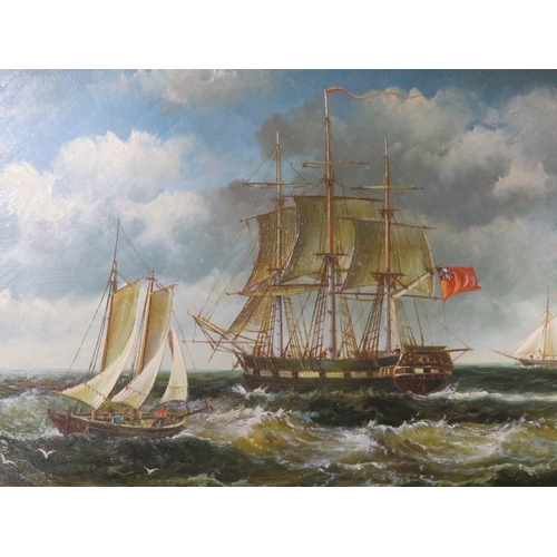 3 - A contemporary oil on board depicting sailing ships in a heavy gilt frame 11.5 x 17 cm