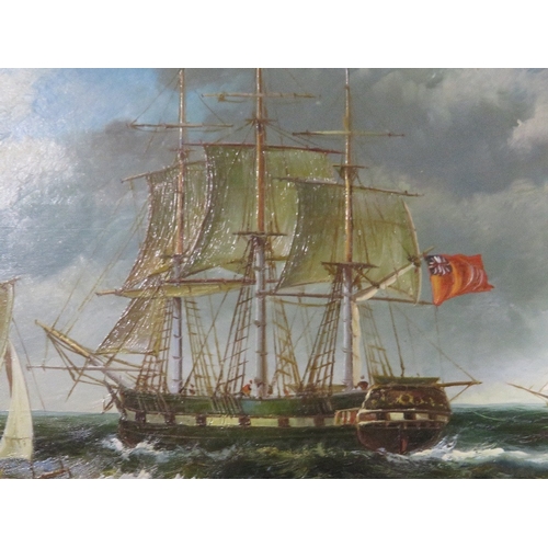 3 - A contemporary oil on board depicting sailing ships in a heavy gilt frame 11.5 x 17 cm