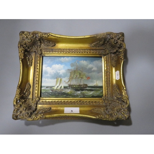 3 - A contemporary oil on board depicting sailing ships in a heavy gilt frame 11.5 x 17 cm