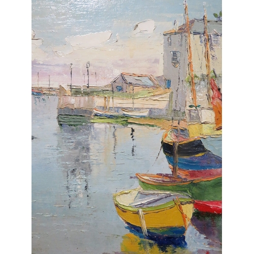 30 - A contemporary oil on board depicting fishing boats in a harbour 39 x 36 cm