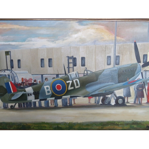 35 - Ormesher - An oil on canvas depicting a spitfire, 54.5 x 97 cm