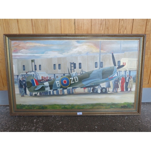 35 - Ormesher - An oil on canvas depicting a spitfire, 54.5 x 97 cm