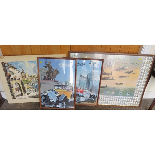 5 - A pair of framed Rolls-Royce posters together with a Portuguese harbour painting, RAF print and a cl... 