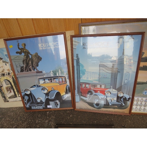 5 - A pair of framed Rolls-Royce posters together with a Portuguese harbour painting, RAF print and a cl... 