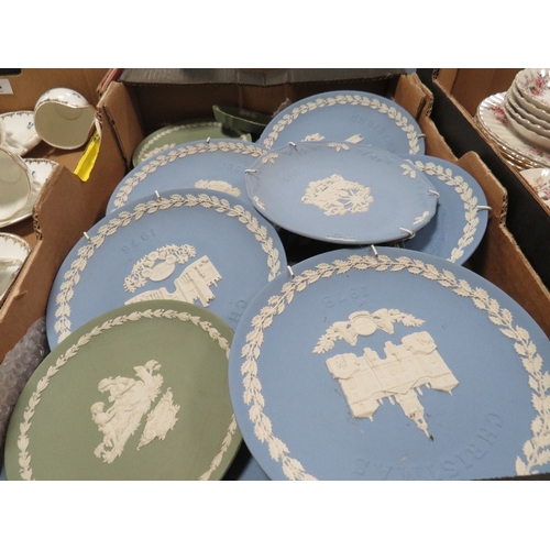 53 - Two trays of Wedgwood blue and green jasperware including plates etc