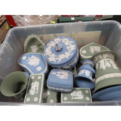 53 - Two trays of Wedgwood blue and green jasperware including plates etc