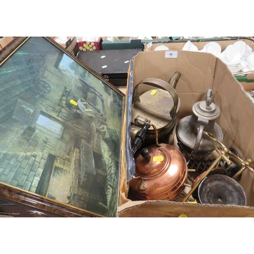 58 - A quantity of assorted metal ware to include a copper spirit kettle on stand