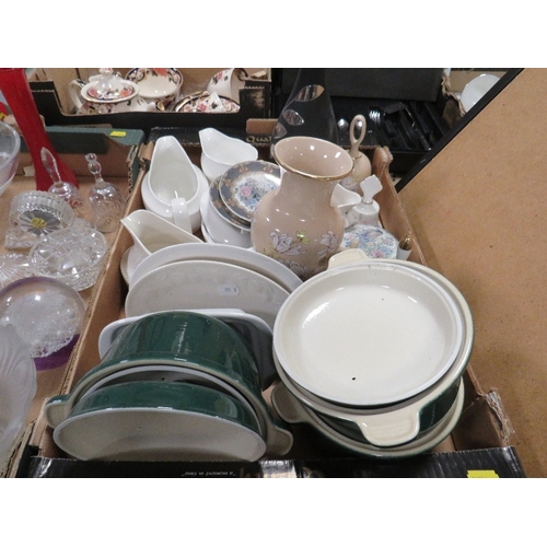 59 - Three trays of assorted ceramics and glass with a box of Gourmet Pride cutlery