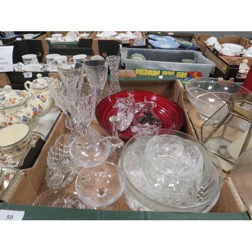 59 - Three trays of assorted ceramics and glass with a box of Gourmet Pride cutlery