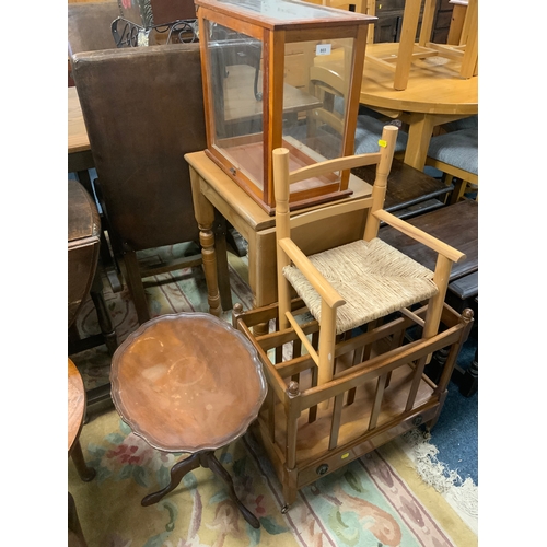 803 - A small drop leaf table, display cabinet, childs armchair, canterbury and a walnut table (5)