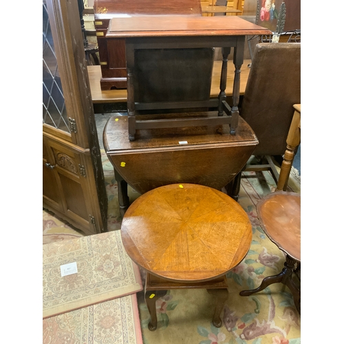 804 - A small oak drop leaf table together with an oak sewing box and a little occasional table (3)