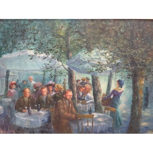 17 - A gilt framed oil painting depicting a Parisian cafe / street scene