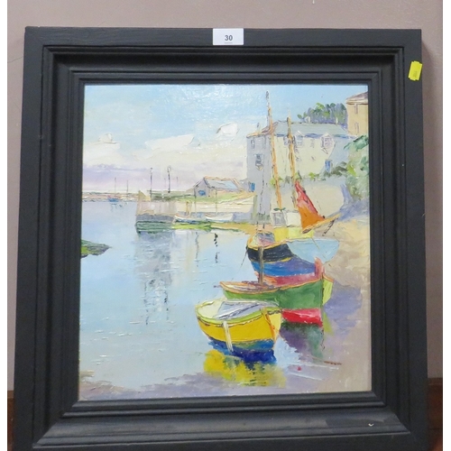 30 - A contemporary oil on board depicting fishing boats in a harbour 39 x 36 cm