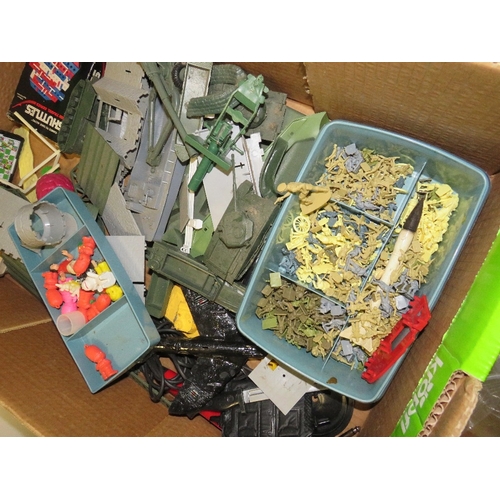 80 - A tray of vintage Airfix army figures, vehicles, Shell tanker, Transformer mask etc