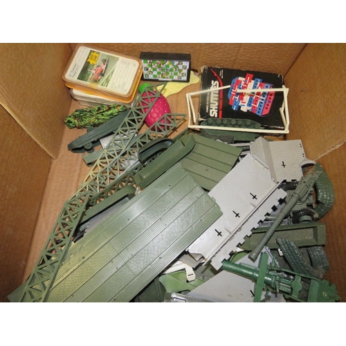 80 - A tray of vintage Airfix army figures, vehicles, Shell tanker, Transformer mask etc