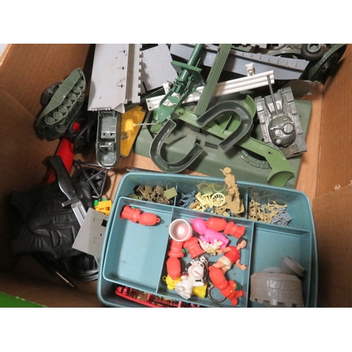 80 - A tray of vintage Airfix army figures, vehicles, Shell tanker, Transformer mask etc