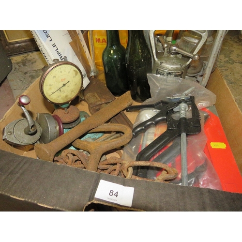 84 - A tray of assorted collectables to include hand tools, road lights, hand magnets, vintage bottles et... 