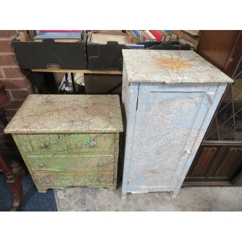 747 - A small chest of drawers and cabinet covered in map paper