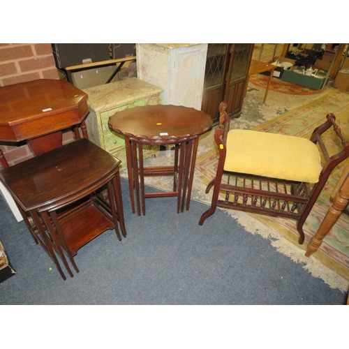 748 - Two vintage mahogany nests of tables together with an Edwardian mahogany piano stool