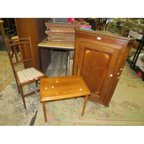 750 - An antique oak inlaid hanging corer cupboard together with a bedroom chair and a small occasional ta... 