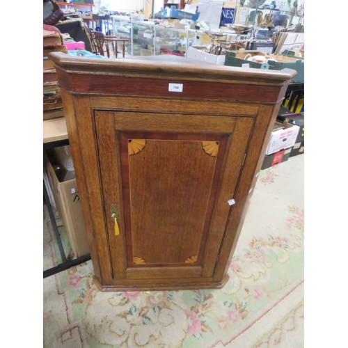 750 - An antique oak inlaid hanging corer cupboard together with a bedroom chair and a small occasional ta... 