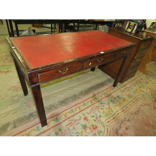 756 - A 19th century mahogany leather topped library table with three frieze drawers H 74 cm W 137 cm